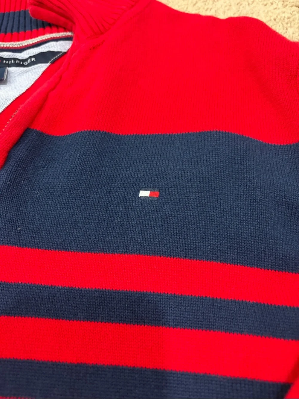 Tommy Hilfiger Red and Navy Striped Quarter-Zip Sweater
